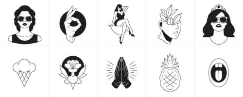 Retro groovy monochrome stickers tattoo cartoon characters and elements icon set vector