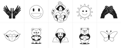 Monochrome retro groovy stickers trendy cartoon characters and elements line icon set vector
