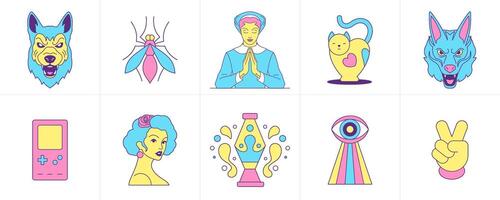Surreal emoji funny cartoon character technology elements symbol trendy groovy icon set flat vector
