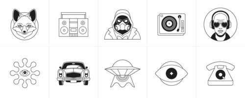 Psychedelic retro groovy monochrome cartoon character and element line icon set vector