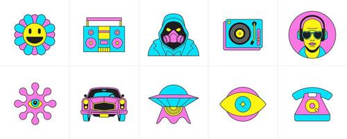 Psychedelic cartoon characters and elements trendy funky sticker groovy icon set flat vector
