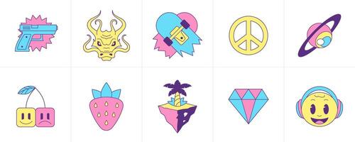 Surreal trendy cartoon characters psychedelic elements groovy icon set flat illustration vector
