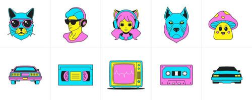 Trendy surreal cartoon characters psychedelic elements funky groovy icon set flat vector