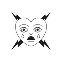 Y2k sad crying heart with lightning monochrome line cartoon character groovy icon vector