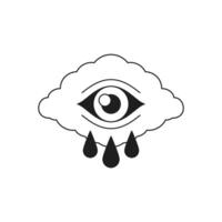 Y2k crying cloud with eye tears drops psychedelic monochrome line retro groovy icon vector