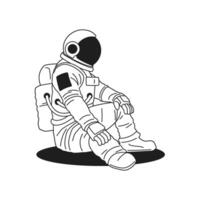 Y2k astronaut in spacesuit and helmet sitting monochrome line retro groovy icon illustration vector