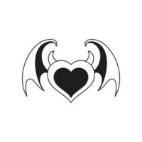 Y2k devil heart with horns and bat wings Halloween comic monochrome line retro groovy icon vector