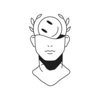 Y2k psychedelic man statue bust with laurel wreath smiley monochrome line retro groovy icon vector