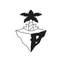 Y2k palm tree on island psychedelic comic monochrome line retro groovy icon illustration vector