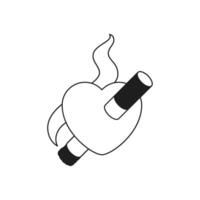 Y2k heart with cigarette inside and smoke comic trendy monochrome line retro groovy icon vector