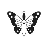Y2k beautiful butterfly knife psychedelic cartoon element monochrome line retro groovy icon vector