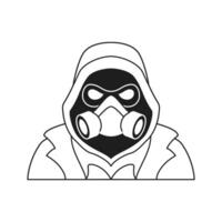Y2k scary man in hood and respirator mask Halloween monochrome line retro groovy icon vector