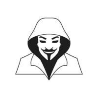Y2k creepy smiling man in hood Halloween cartoon portrait monochrome line retro groovy icon vector