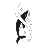 Y2k magic whale with water wave and stars sacred monochrome line retro groovy icon vector