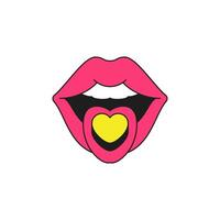 Pink female lips open mouth with teeth heart surreal cartoon element groovy style icon flat vector