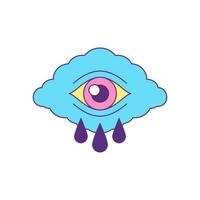 Blue cloud with crying tears drop eye psychedelic cartoon groovy icon flat illustration vector