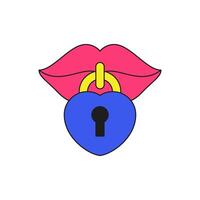 Pink female lips with closed hanged lock keyhole surreal groovy contoured icon flat vector