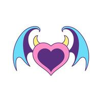 Y2k evil vampire bat heart with horns and wings trendy groovy style icon flat illustration vector