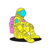 Y2k astronaut in yellow spacesuit and helmet with pink backpack groovy icon flat vector