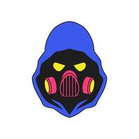 Y2k horror monster in hood and respirator mask scary cartoon character groovy icon flat vector