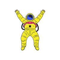 Y2k jumping astronaut in yellow spacesuit universe cosmos cartoon character groovy icon flat vector