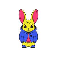 Y2k cute funny rabbit in jacket streetwear cartoon character groovy style icon flat vector