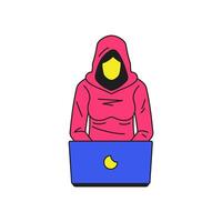 Y2k woman hacker use laptop online gaming cartoon character groovy icon flat vector