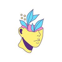 Y2k surreal man head bust with floral branch cartoon element groovy style icon flat vector