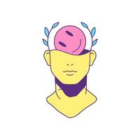 Y2k psychedelic man bust statue with laurel wreath and smiley groovy style icon flat vector