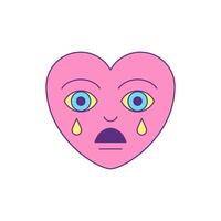 Y2k sad crying pink heart with tears comic cartoon character groovy style icon flat vector