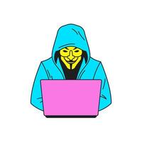 Y2k male hacker cyber crime attack working on laptop groovy style icon flat illustration vector