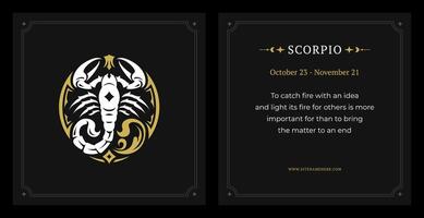 Scorpio zodiac horoscope fortune description with data vintage black card design template set vector