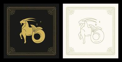 Capricorn zodiac goat with fish tail mythology character line art deco vintage card set vector