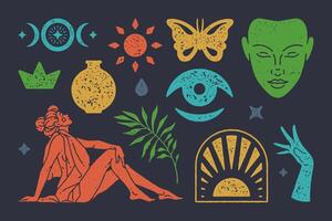 Bohemian textured symbols set. Solar mystical gate with boho meditative face. Seated antique woman in cape vector