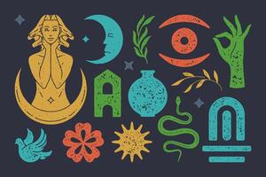 Antique goddess with crescent surrounded stars. Mystical eye with snake and magical gate. esoteric symbols vector