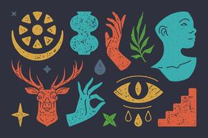 Abstract crying boho eye with floral crescent. Bust of antique sculpture with hands approving gestures vector