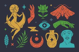 Boho goddess on crescent moon surrounded by stars. Magic hand gestures with mystical eye. esoteric symbols set vector