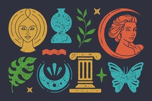 Bust of antique woman in boho crescent with ancient column vector