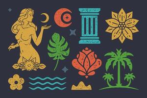 Statue of beautiful goddess holding boho crescent. Antique column with mystical flower vector