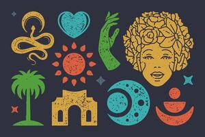Antique womans head in flowers and boho symbol of sun. Esoteric snake with crescent moon. textured symbols vector