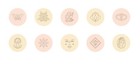 Set of icons and emblems for social media stories highlight covers in linear style illustration vector