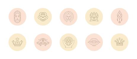 Set of icons and emblems for social media stories highlight covers in linear style illustration. vector