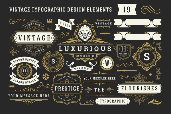 Vintage typographic decorative ornament design elements set illustration