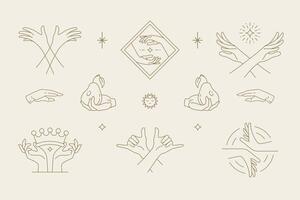 Female hands gestures collection of line art hand drawn style illustrations. vector