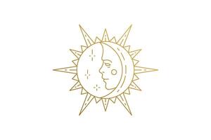 Sun and moon with face silhouette linear illustration. vector