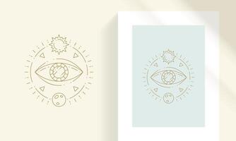 Esoteric eye with moon and sun line art style illustration. vector