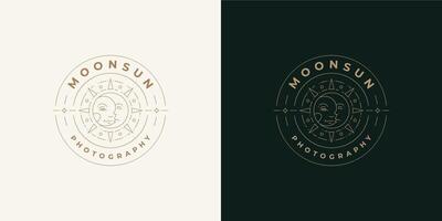 Magic sun and moon with human face logo emblem design template illustration in minimal line art style vector