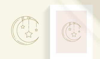 Crescent moon and stars line art style illustration vector