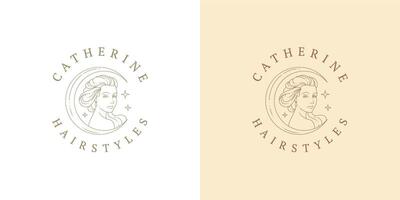 Female portrait as moon crescent logo emblem design template illustration in minimal line art style. vector