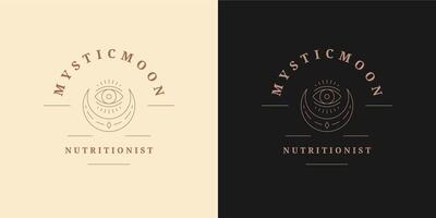 Magic moon crescent with eye logo emblem design template illustration in minimal line art style vector